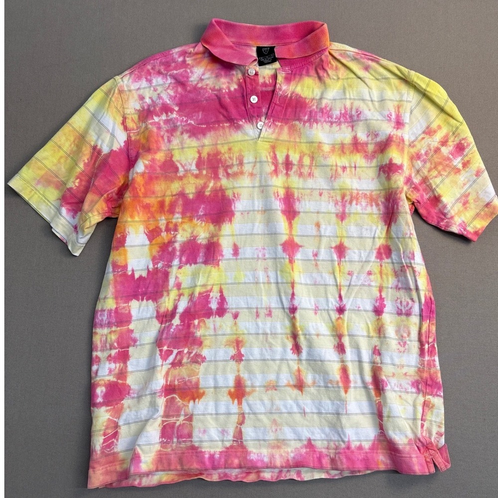 Nike Golf Tie Dye Polo Shirt Mens XL Pink Yellow Orange Striped Short Sleeve